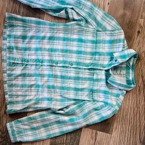 LL Bean Button Front Plaid shirt turquoise white womens